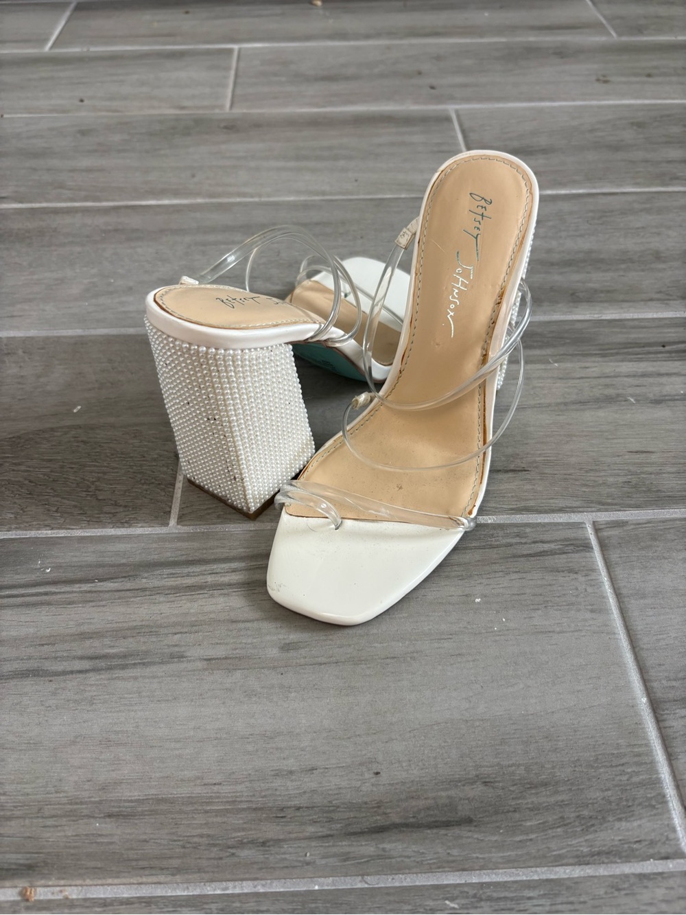 Blue by Betsey Johnson White Pearl Block Heel Sandals